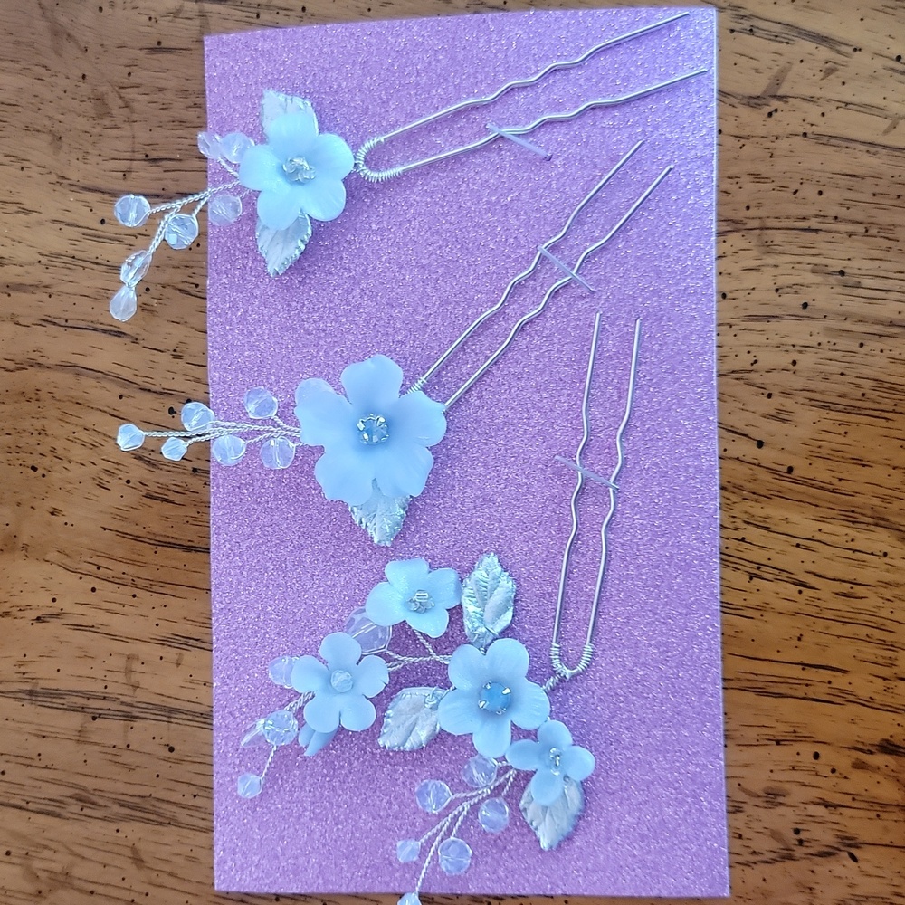Elegant Dusty Blue and Silver Floral Hair Pins